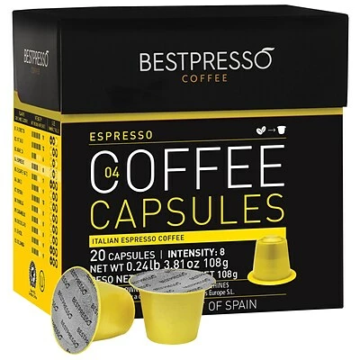 Best deal 🌟 Single Serve Cups & Pods Bestpresso® Compatible Nespresso® Pods, Espresso Blend, Light Intensity, 20 Capsules Per Box (BST10416) 🔔 1 Best deal 🌟 Single Serve Cups & Pods Bestpresso® Compatible Nespresso® Pods, Espresso Blend, Light Intensity, 20 Capsules Per Box (BST10416) 🔔