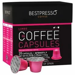 Promo 😀 Single Serve Cups & Pods Bestpresso® Compatible Nespresso® Pods, Lungo Blend, High Intensity, 20 Capsules/Box (BEST-06LUNGO) 🔥