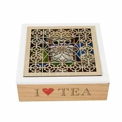 Wholesale 🎁 Organizers & Dispensers Mind Reader Tea Box Storage Holder With Wood Floral Pattern, Brown (TEABOX-BRN) ⭐